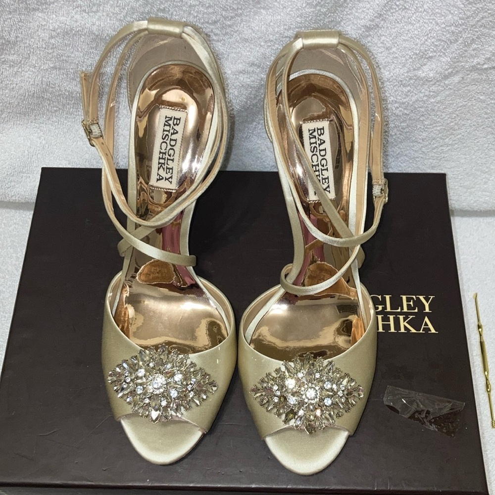 BADGLEY MISCHKA TATUM EMBELLISHED ANKLE OPEN-TOE HEELS